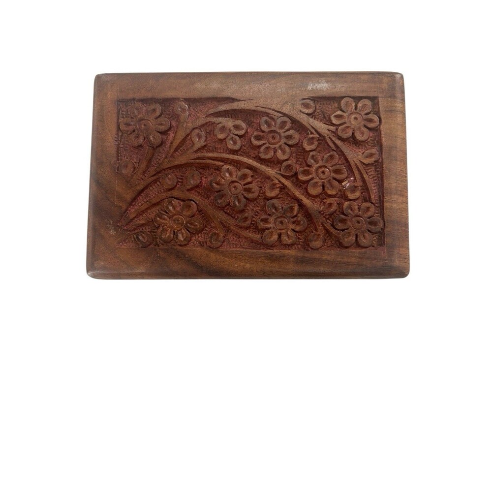 Vintage Hand-Carved Wooden Trinket Box with Sliding Lid – 5” X 3” Fast Shipping